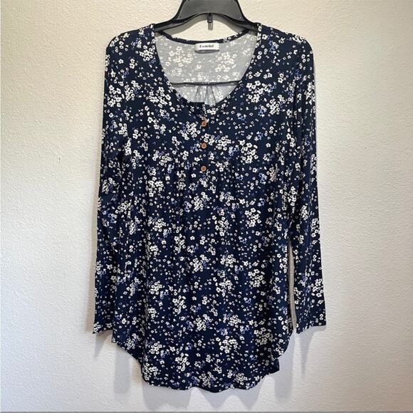 Blue Fitted Blouse with Floral Design Size Large - Picture 1 of 4